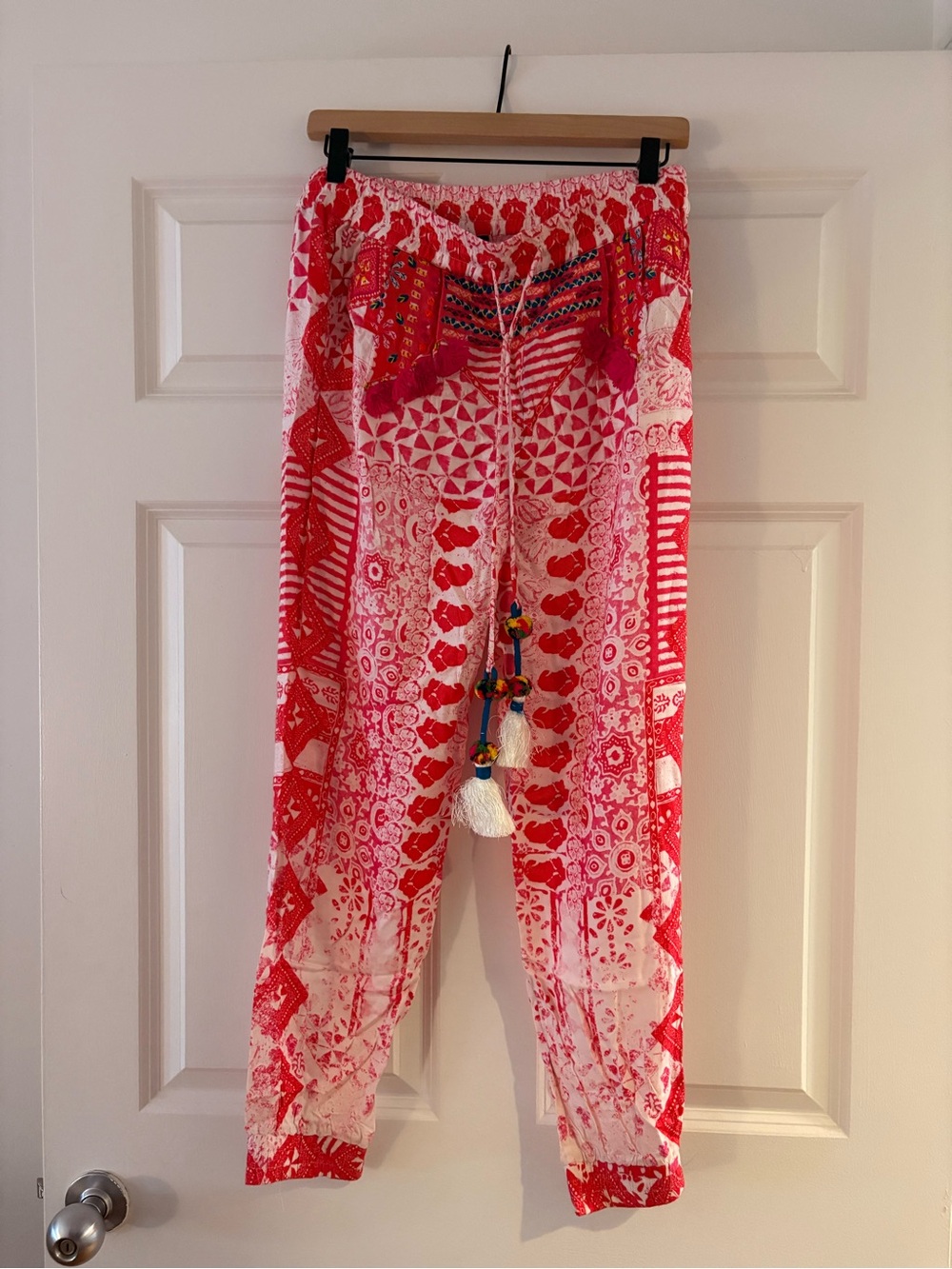 HEMANT & NANDITA Red and White Printed Track Pants with Tassel Drawstring